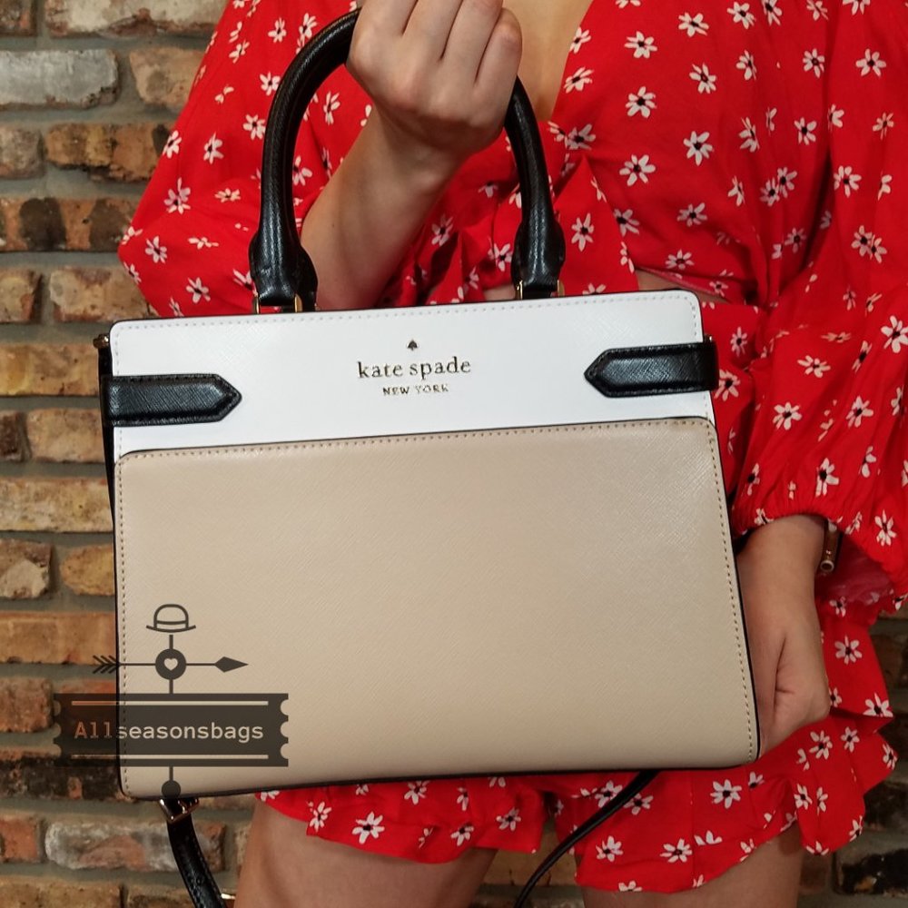 Kate Spade MEDIUM STACI Soft Leather SATCHEL BAG beige black Christmas❗️ SALE ❗️